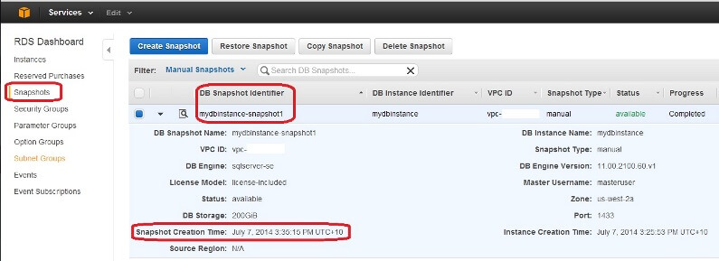 RDS snapshots listed in AWS Console
