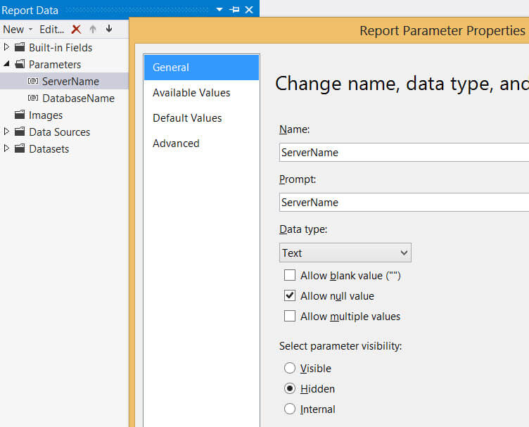 Creating a parameter for the custom report.