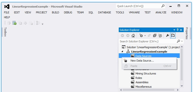In the Solution Explorer window, right-click on the Data Sources folder and choose "New Data Source..." 