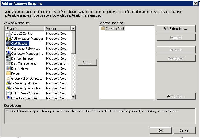 Adding the Certificates Snap-in to Microsoft Management Console