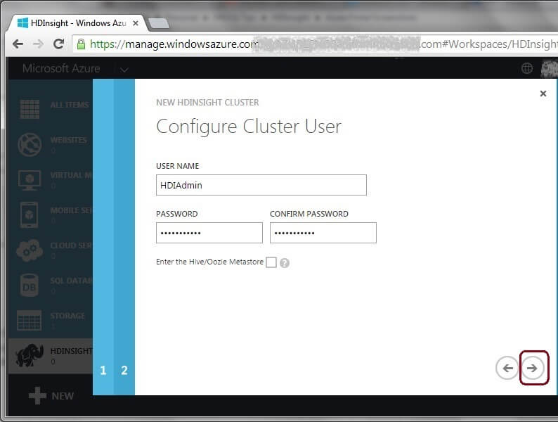 New HDInsight Cluster Wizard - Configure Cluster User