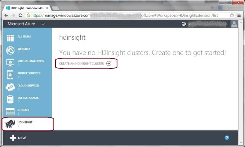 HDInsight Services in the Left Navigation Pane