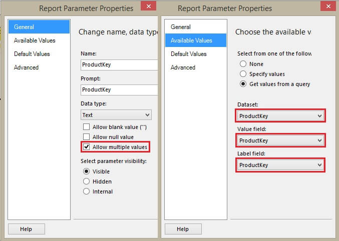 ProductKey Report Parameter Properties Window