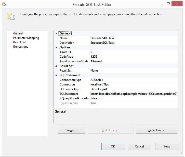 Execute SQL Task Editor General page