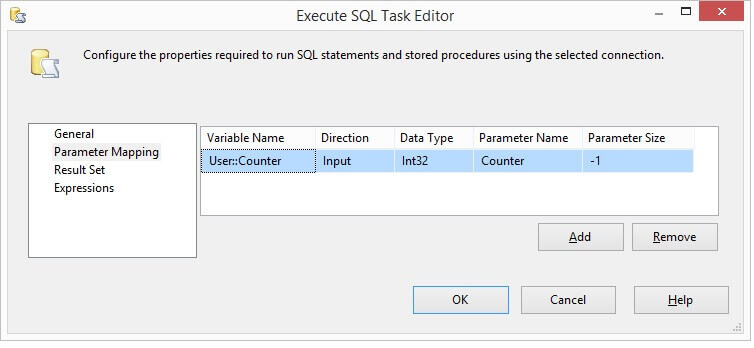 Execute SQL Task Editor Parameter Mapping page