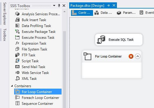 Drag a For Loop Container from the SSIS Toolbox to the Control Flow palette