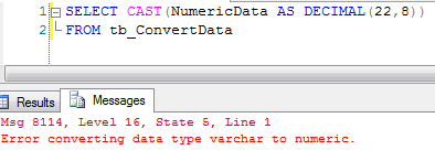 varchar를 데이터 유형 숫자 sql로 변환하는 산술 오버플로 오류
