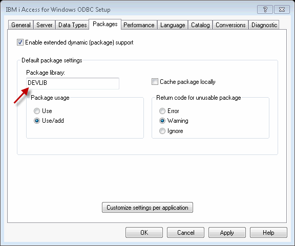 ODBC Configure Driver - Packages TAB