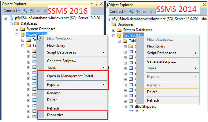 Azure Database Conextual Menu Comparison with Previous SSMS Version.