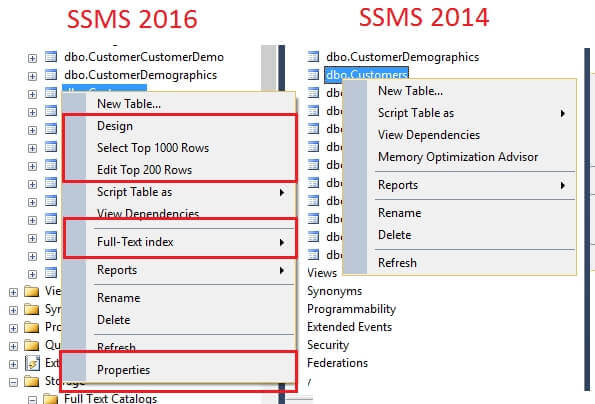 Azure Database Table Conextual Menu Comparison with Previous SSMS Version.