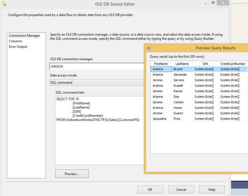Reading encrypted data with SSIS, without property