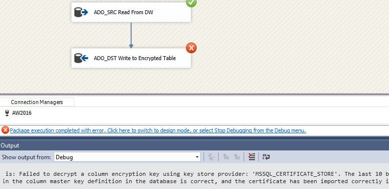 Writing with SSIS, without certificate