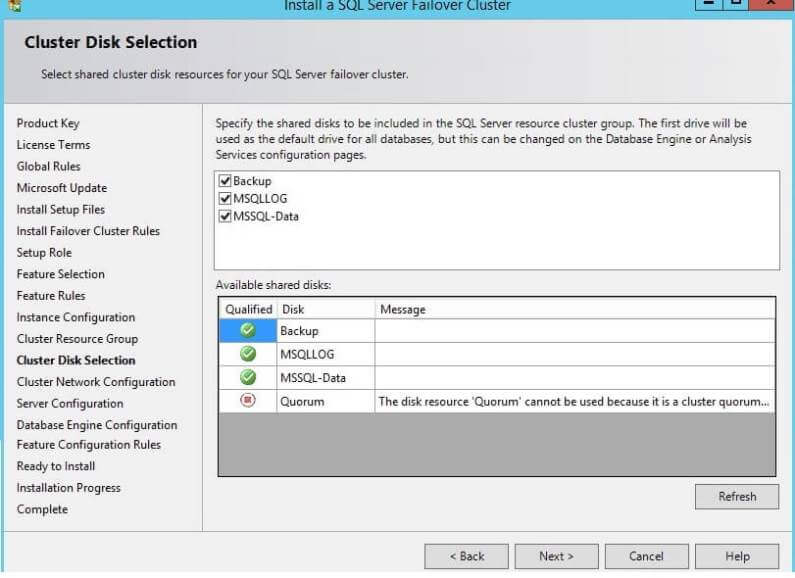 Cluster Disk Selection for a SQL Server Cluster Installation