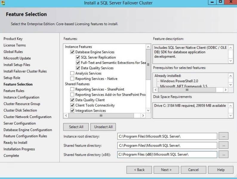 Feature Selection during a SQL Server Cluster Installation