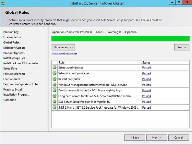 Global Rules Check for a SQL Server Cluster Installation