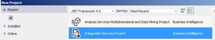Select Integration Services Project in the SQL Server Data Tools