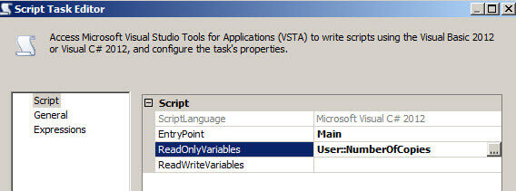 NumberOfCopies Variable configured at the Script Task level