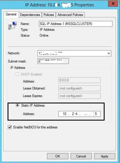 IP address properties window