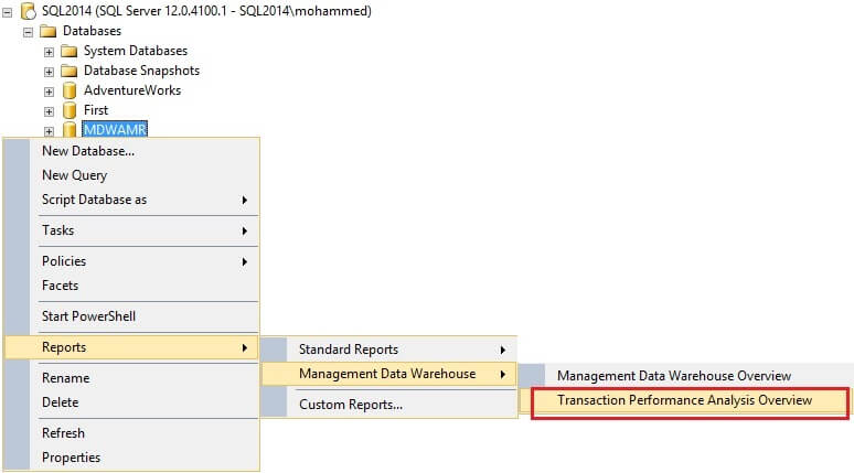 Navigation to the Transaction Performance Analysis Overview in SQL Server 2014