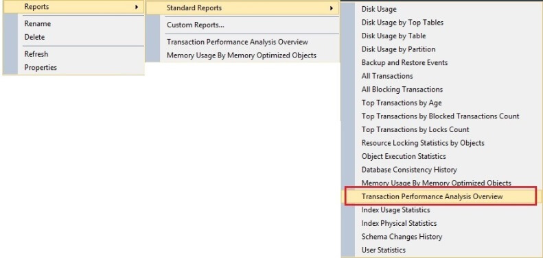 Navigation to the Transaction Performance Analysis Overview in SQL Server 2016