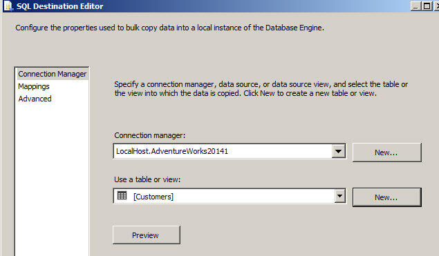 Double click on the SQL Destination Task and select a SQL connection and in the use a table or view, press the new button to create a new table