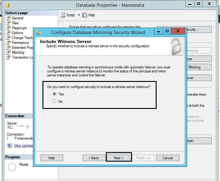 Include witness server in the Configure Data Mirroring Security Wizard