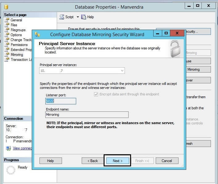 Specify the Principal Server Instance, Port and End Point Name for SQL Server Database Mirroring