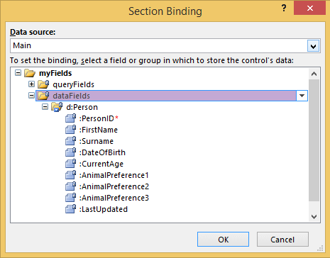 Section Binding for each field in InfoPath 2013