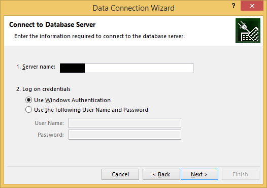Specify the SQL Server Name and Log on Credentials