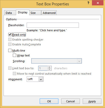 Text box properties in InfoPath 2013