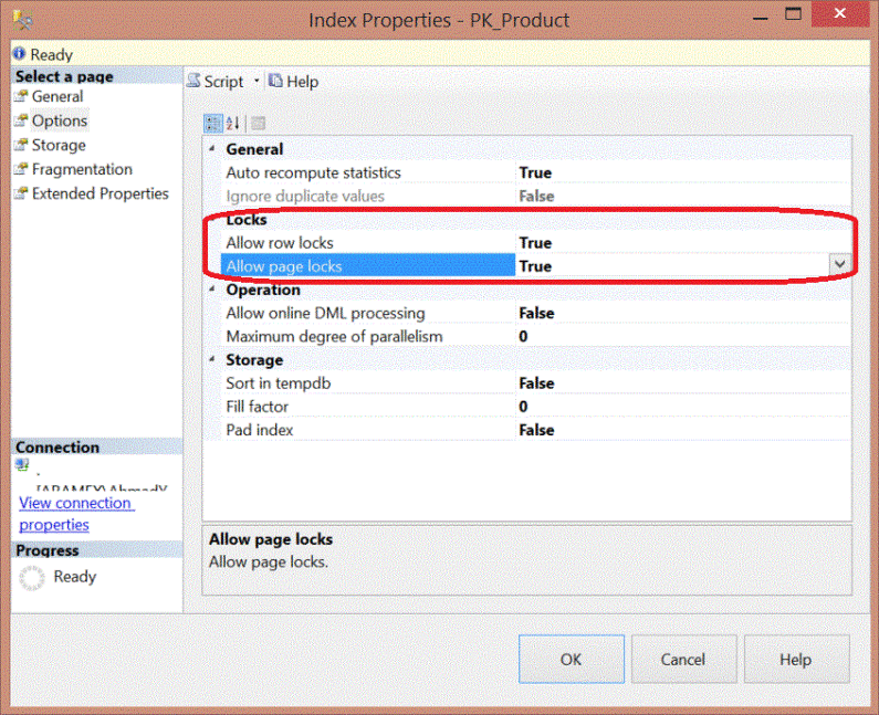 Row and page level locking from the Options tab of the Index Properties window using the SQL Server Management Studio