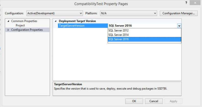 Set the Target Server Version for SSIS in SSDT