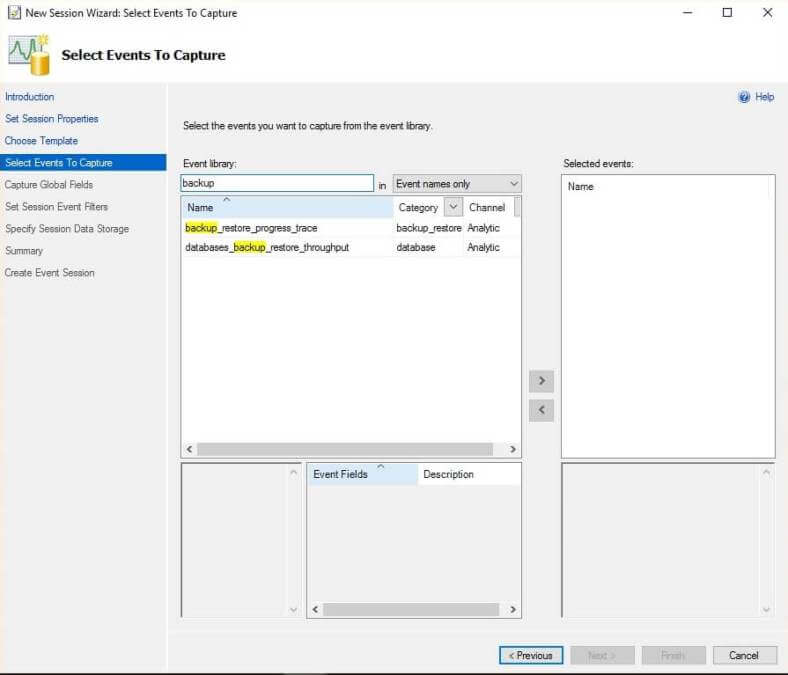 Search for the new SQL Server 2016 Backup Extended Events