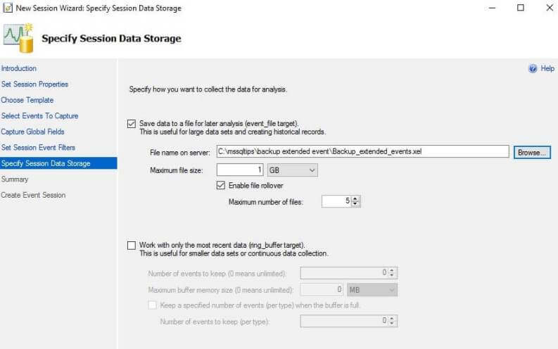 Specify the Session Data Storage for Extended Events