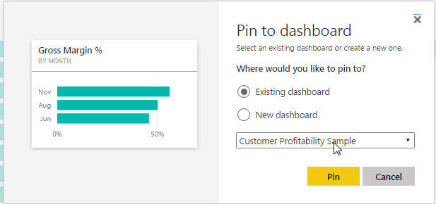 Pin to dashboard for the visual to an existing or new dashboard