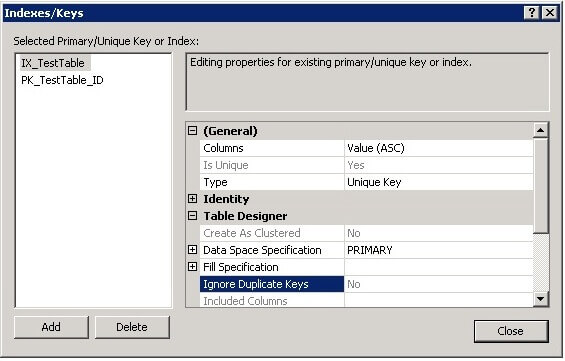 Creating a SQL Server Unique Key in SQL Server Management Studio