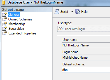 Mismatched SQL Server user and login name