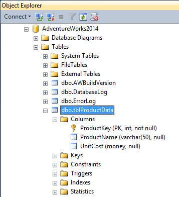 Target table in the AdventureWorks2014 SQL Server database