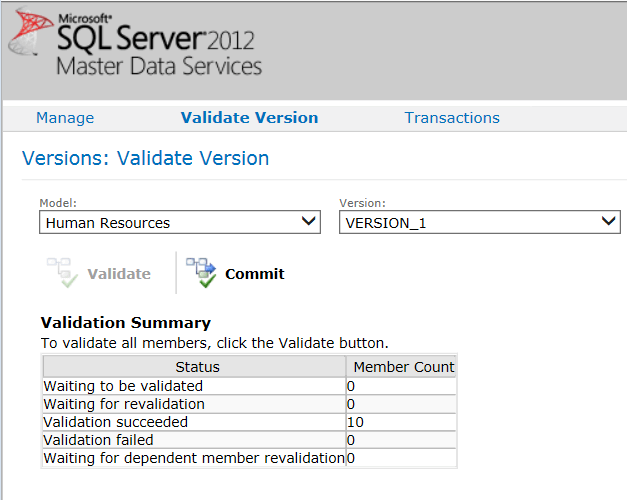 SQL Server Master Data Services Commit version of the model