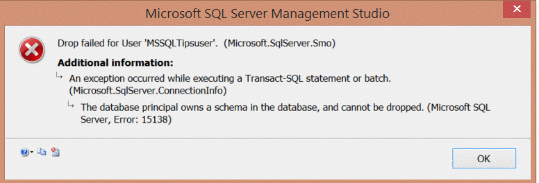 The database principal owns a schema in the database, and cannot be dropped.