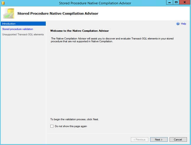 SQL Server Stored Procedure Native Compilation Advisor Introduction Screen