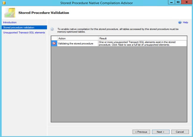 SQL Server Stored Procedure Validation in the Native Compilation Advisor