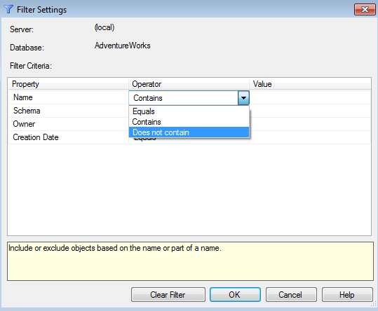 Operator Options for filtering in SSMS