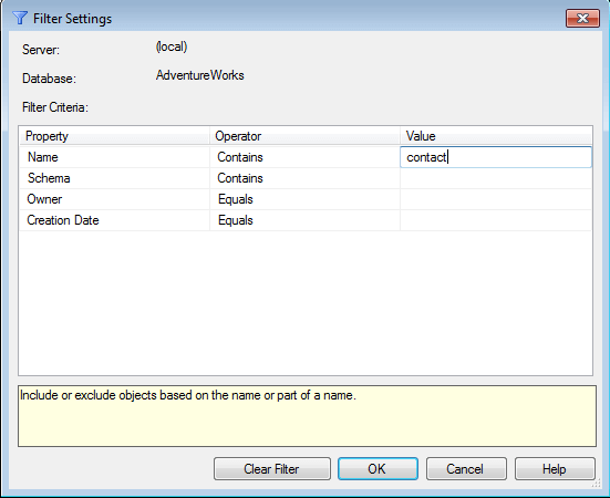 Filter settings for tables in SQL Server Management Studio including name, schema, owner and creation date