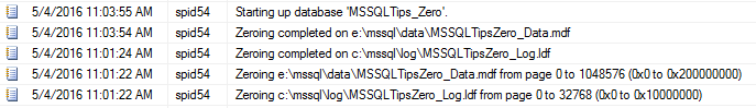 SQL Server Error Log noting the time to create the database and transaction log