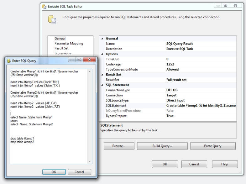 SQL Server Integration Services Execute  SQL Task Editor with SQL Statement