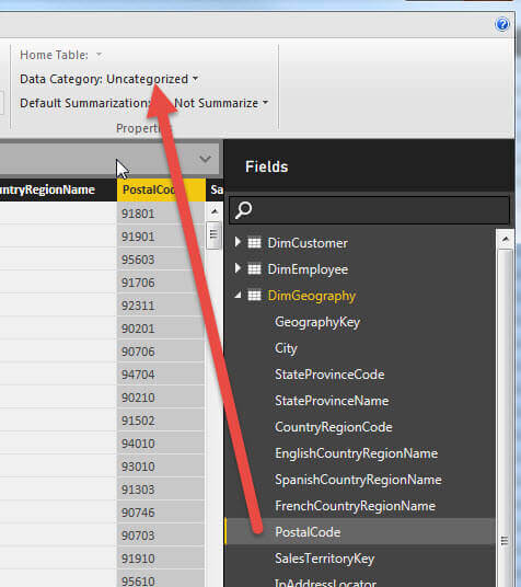 Data Category set to Uncategorized for Postal Code in Power BI Q&A