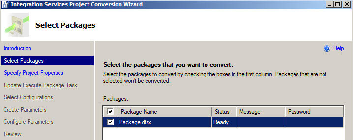 Selecting packages in the Integration Services Project Conversion Wizard