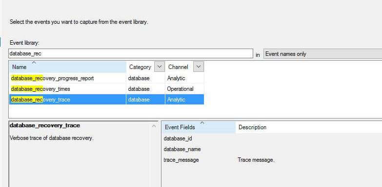 See the events for the database_recovery_trace event