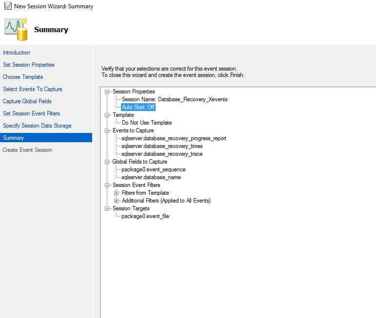 View the Settings and Events Summary Page for SQL Server Extended Events